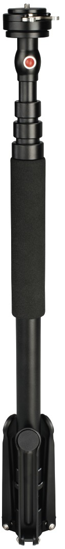 Trépied noir déployé, avec un bouton rouge en haut.