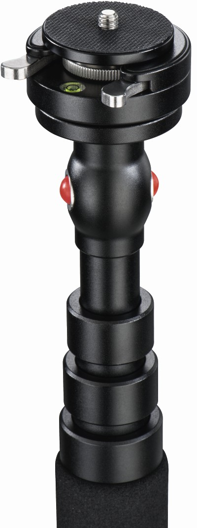Tête de trépied noire avec niveau, boutons et un bouton rouge, isolée sur fond blanc.