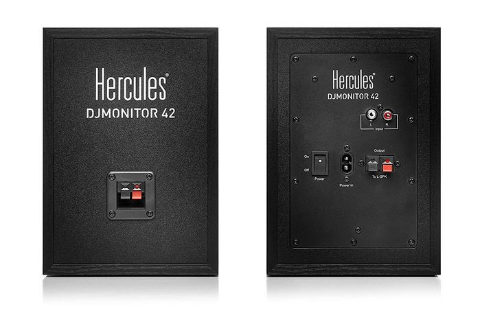 Vista anteriore e posteriore dell'altoparlante Hercules DJMONITOR 42. Nero.