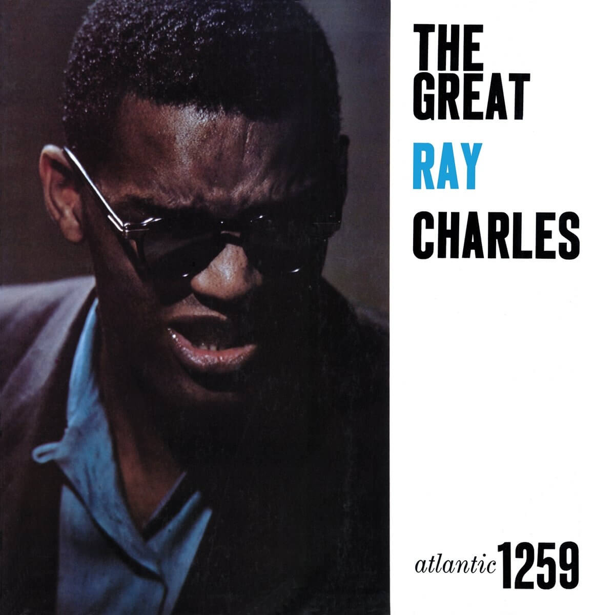 La couverture de l'album de Ray Charles. Un homme portant des lunettes de soleil, texte sur le côté droit de l'image.