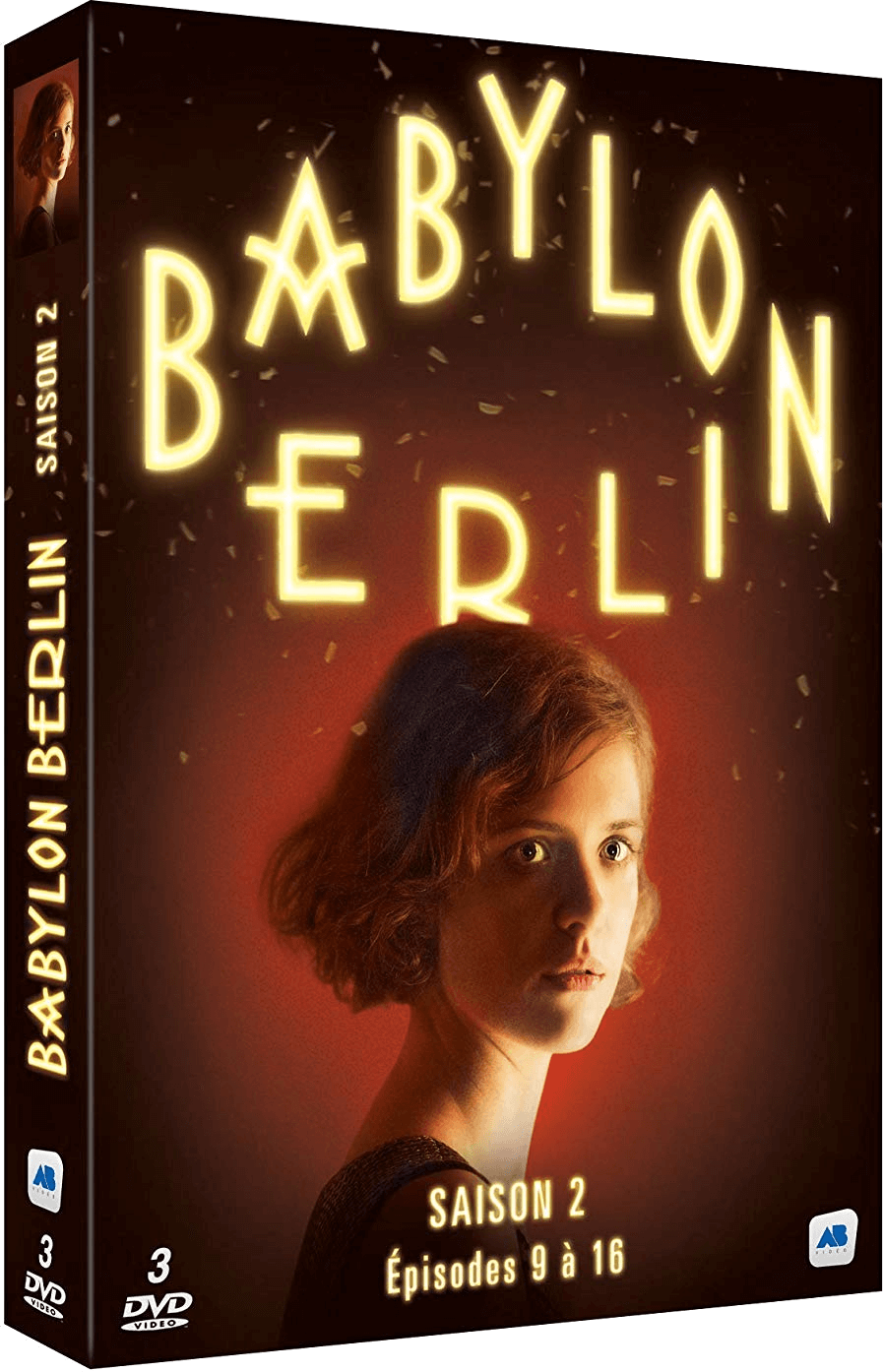 Couverture du DVD de Babylon Berlin Saison 2. Présente un visage de femme et un texte lumineux.