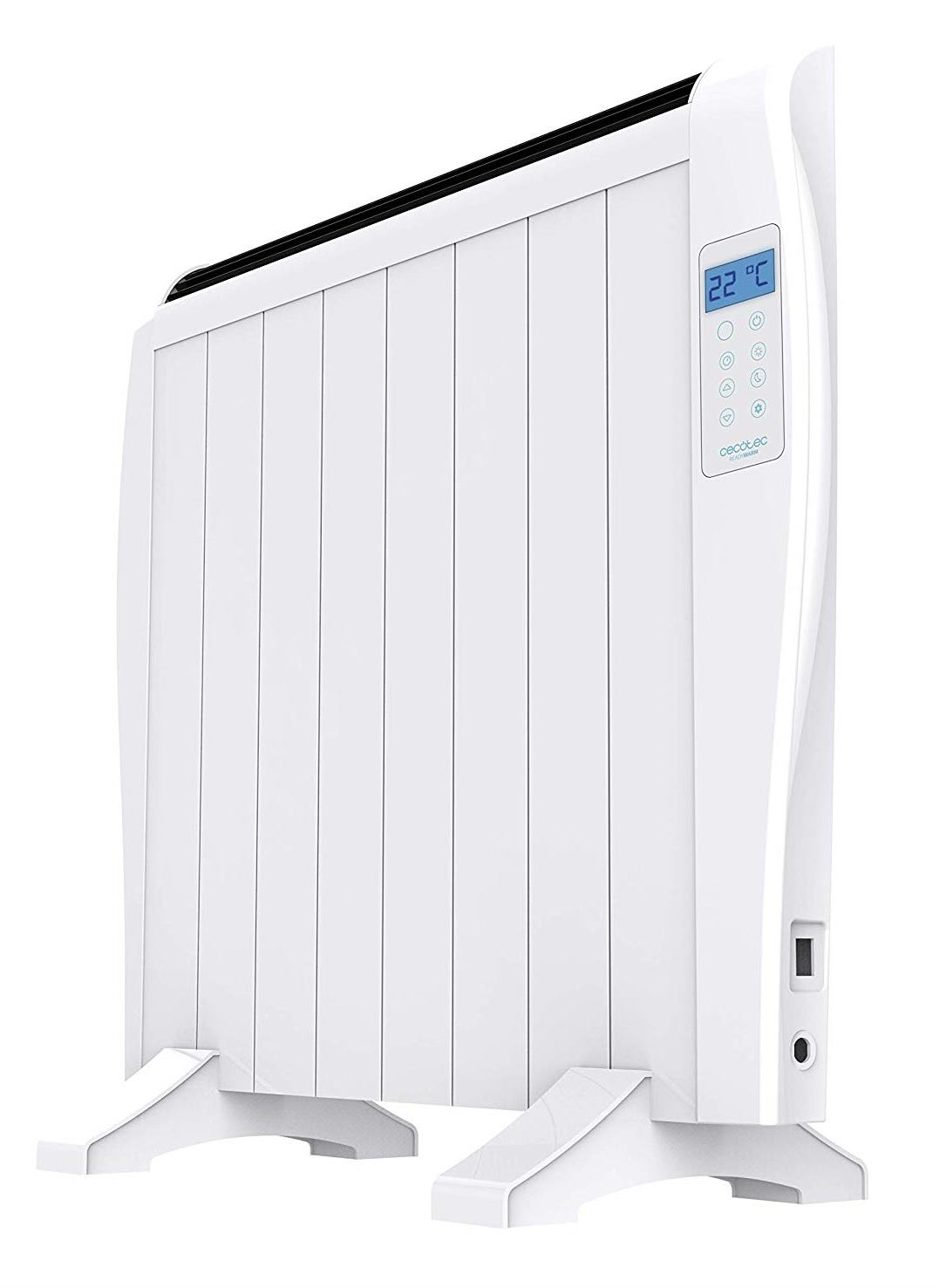 Calentador eléctrico blanco con pantalla digital que muestra 22°C, aislado en blanco.