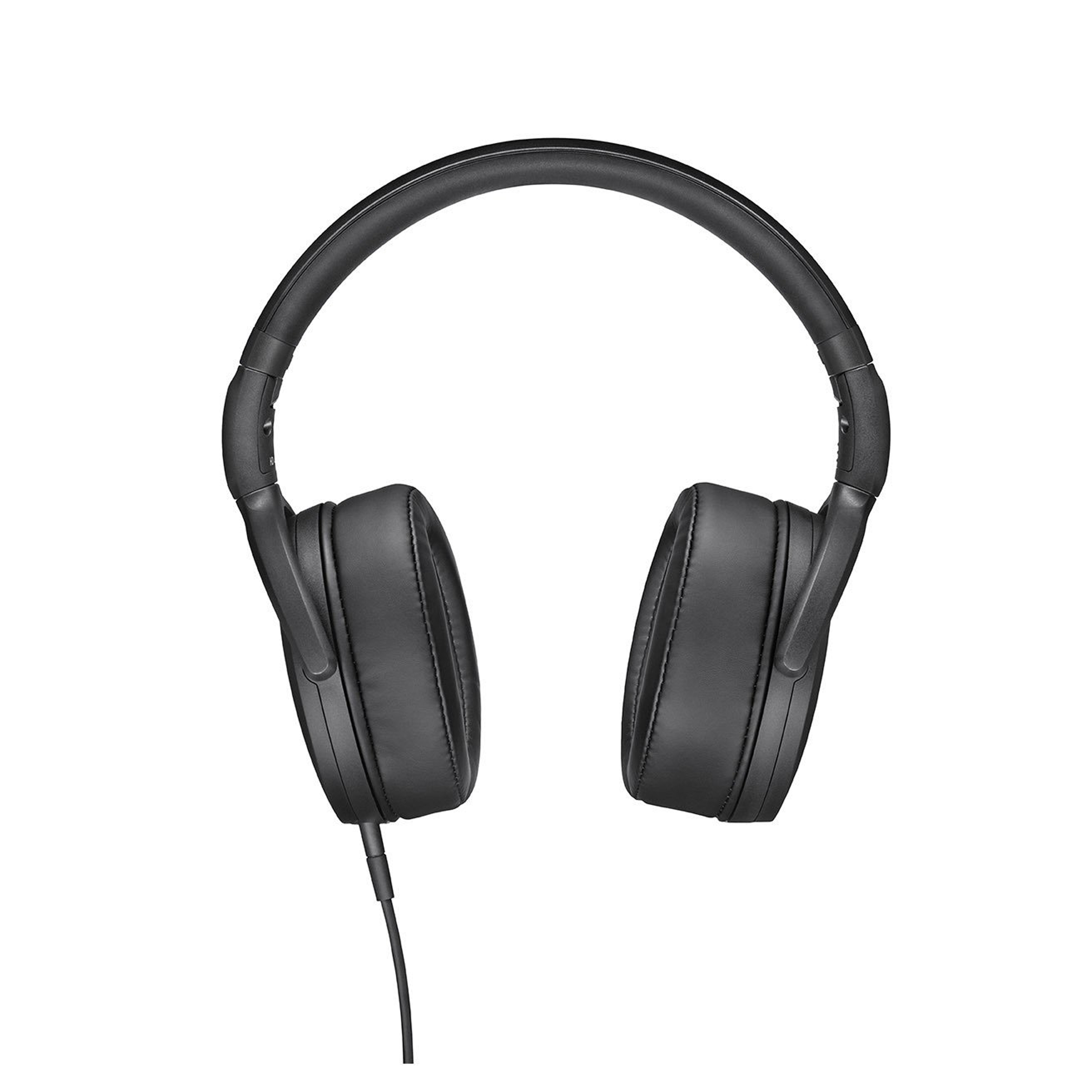 Schwarze Over-Ear-Kopfhörer mit Anschlusskabel, isoliert auf weißem Hintergrund.