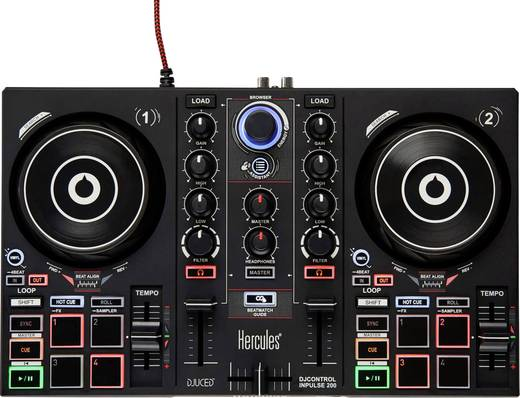 Controlador de DJ negro con dos tocadiscos y varios botones. Marca Hercules visible.