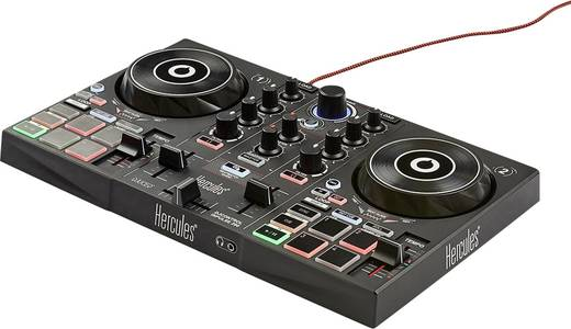 Controlador de DJ. Negro con botones y perillas. Marca Hercules.
