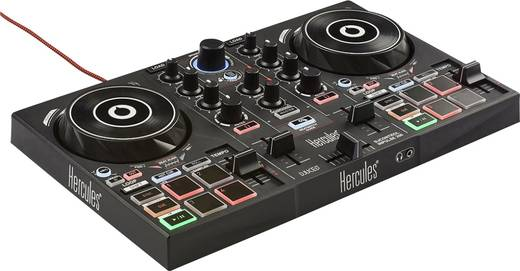 Controlador DJ Hercules negro con perillas, botones y dos jog wheels circulares. Fondo blanco.