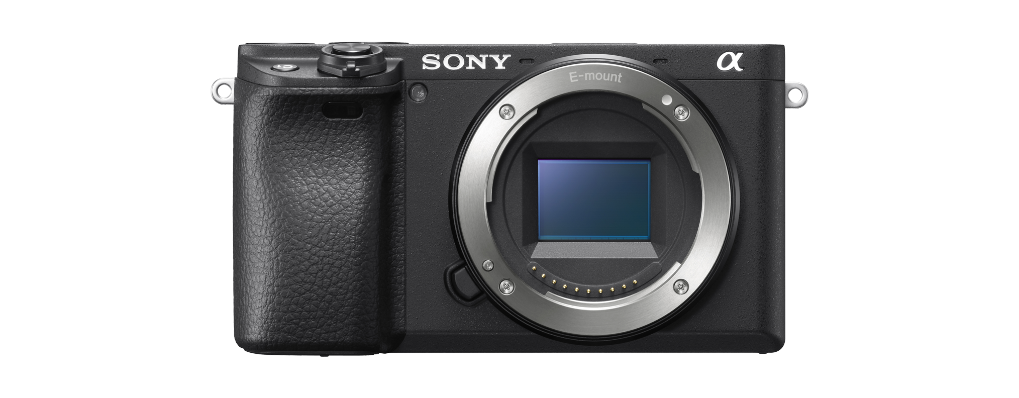 Eine schwarze Sony Kamera. Das Objektiv ist in der Mitte. Das Wort SONY steht oben.