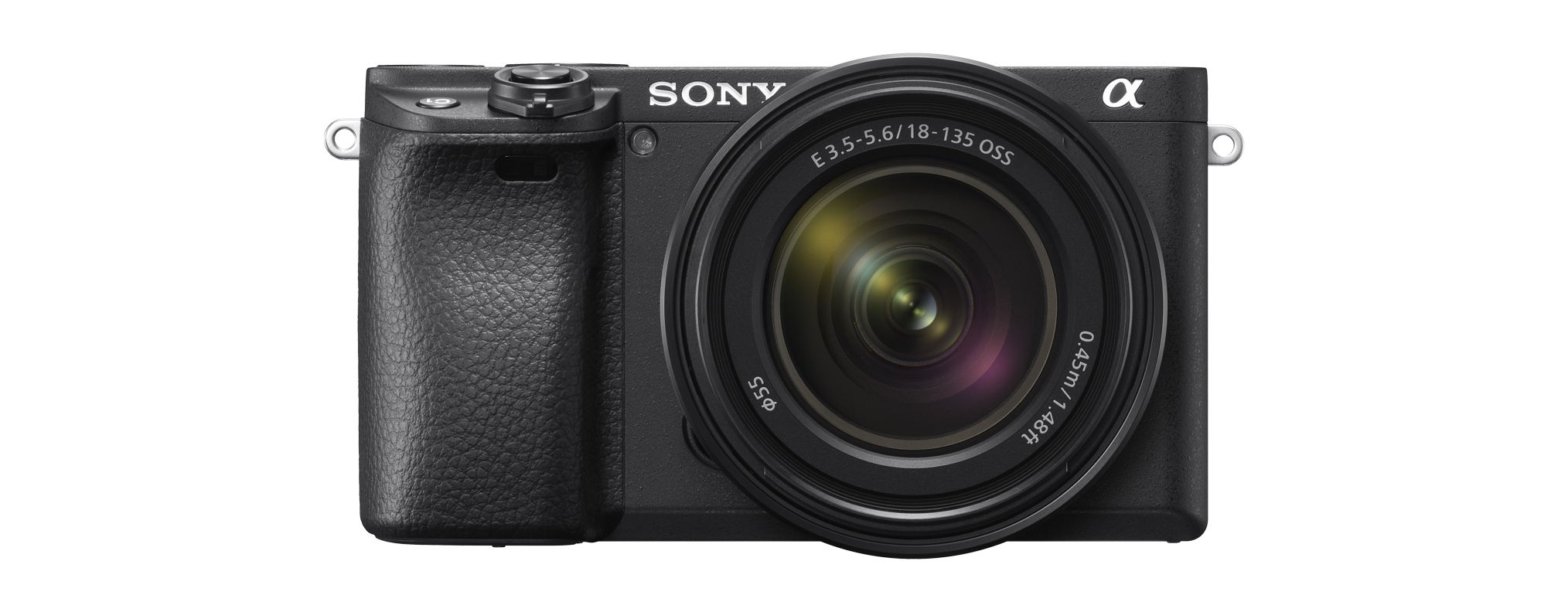 Schwarze Sony Kamera mit Objektiv, die Kamera ist dem Betrachter zugewandt.