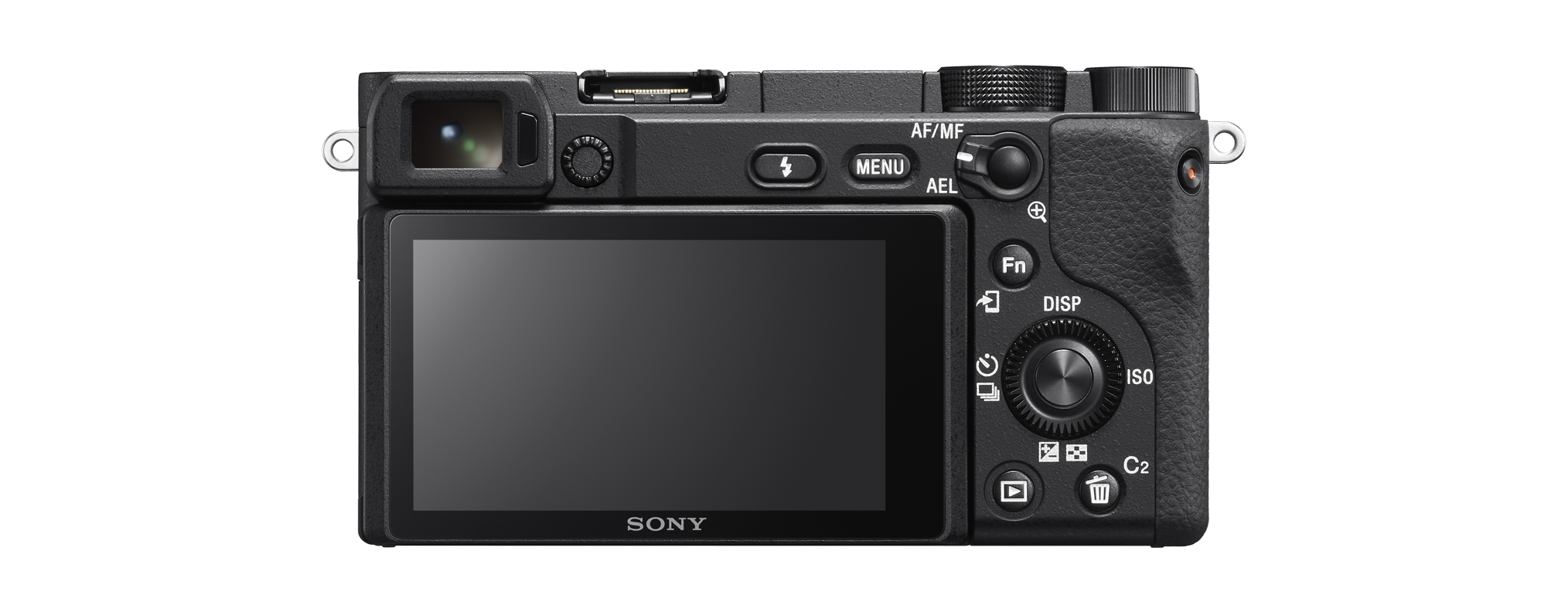 Rückseite einer Sony-Kamera mit Bildschirm, Knöpfen und Objektivanschluss.
