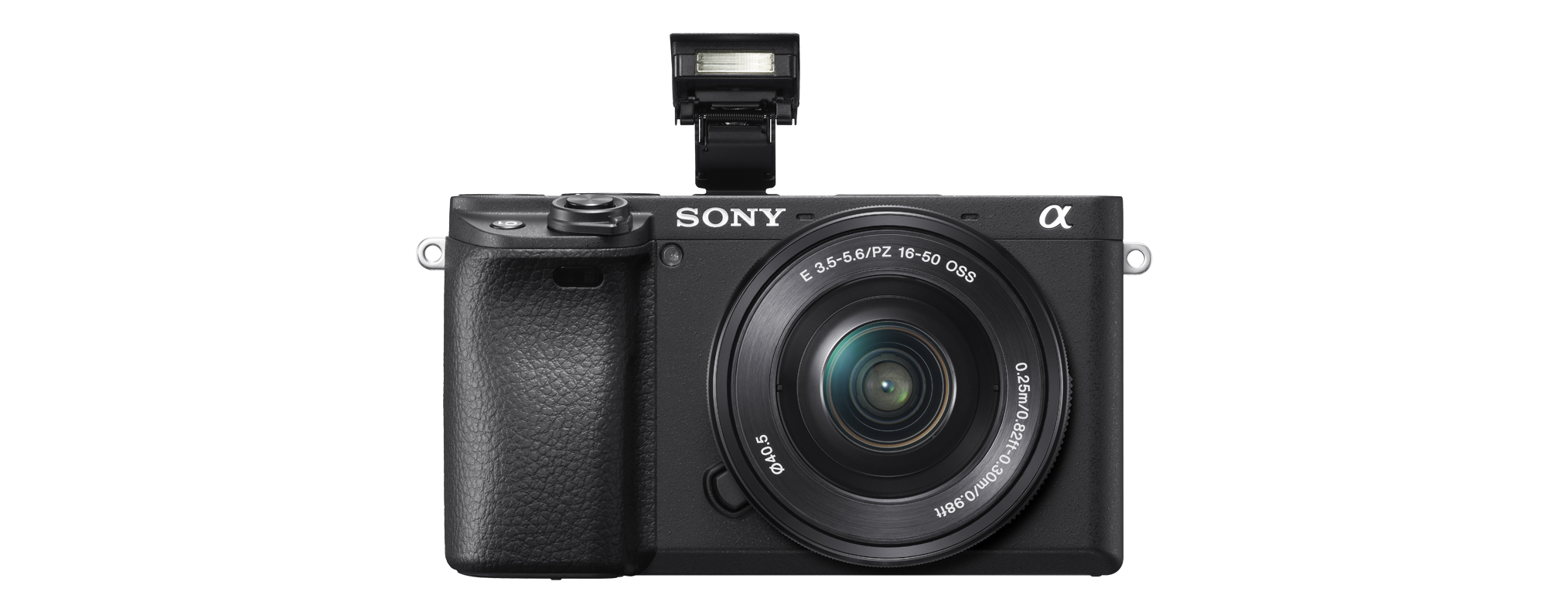 Eine schwarze Sony-Kamera mit Blitz oben und Objektiv. Das Sony-Logo ist sichtbar.