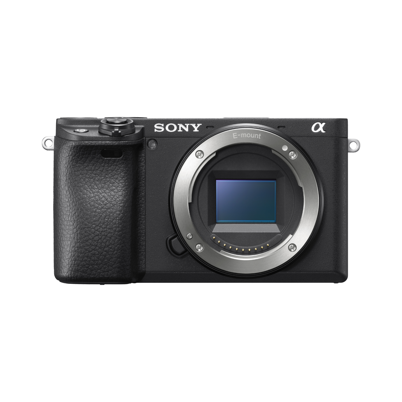 Schwarze Sony Kamera mit Objektiv, Sony Logo und e-Mount-Markierung.