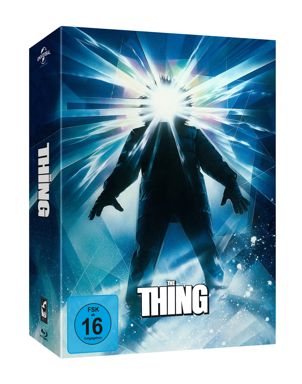 Eine Blu-ray-Box für den Film "The Thing" mit einem Mann in einem Schneeanzug und dem Filmtitel.