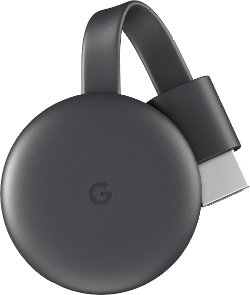 Egy fekete Google Chromecast készülék kábellel és USB csatlakozóval.