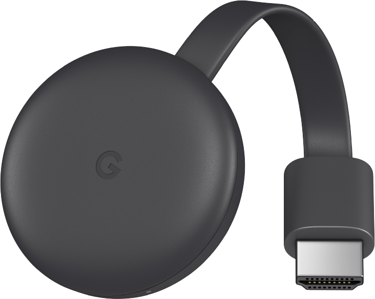 Egy fekete Google Chromecast eszköz kábellel és csatlakozóval.