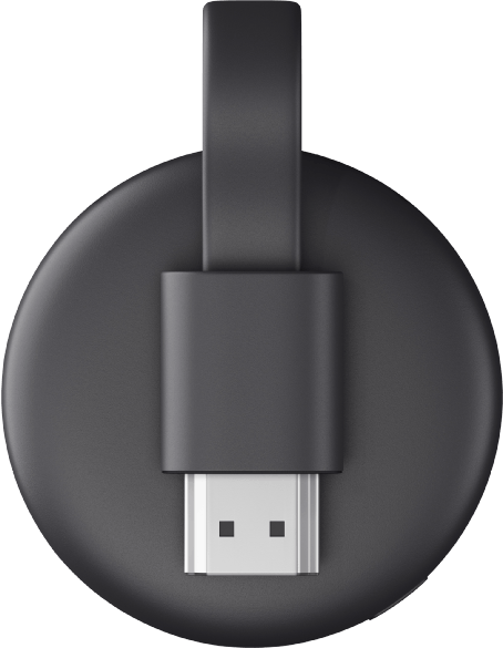 Fekete Chromecast eszköz rövid HDMI kábellel és lekerekített dizájnnal.
