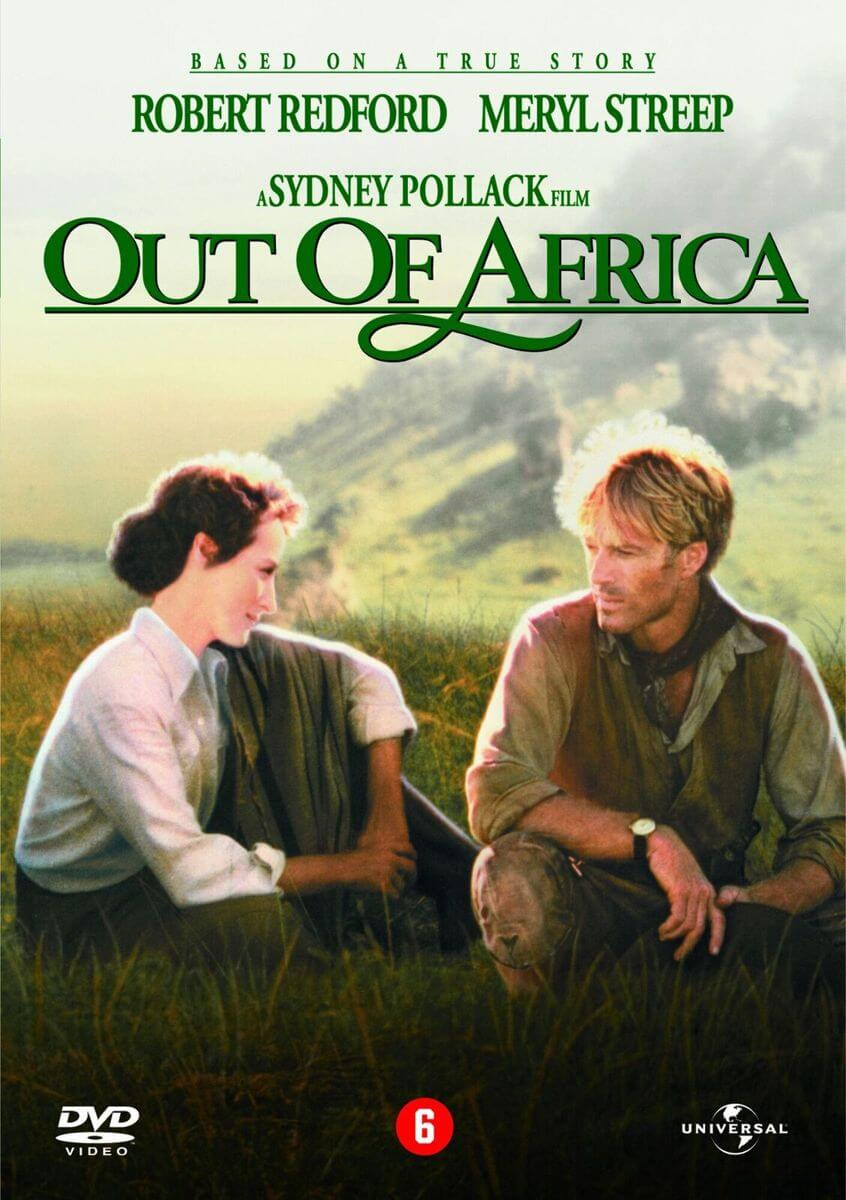 DVD-hoes: Robert Redford en Meryl Streep zitten in het gras, filmtitel 'Out of Africa'.