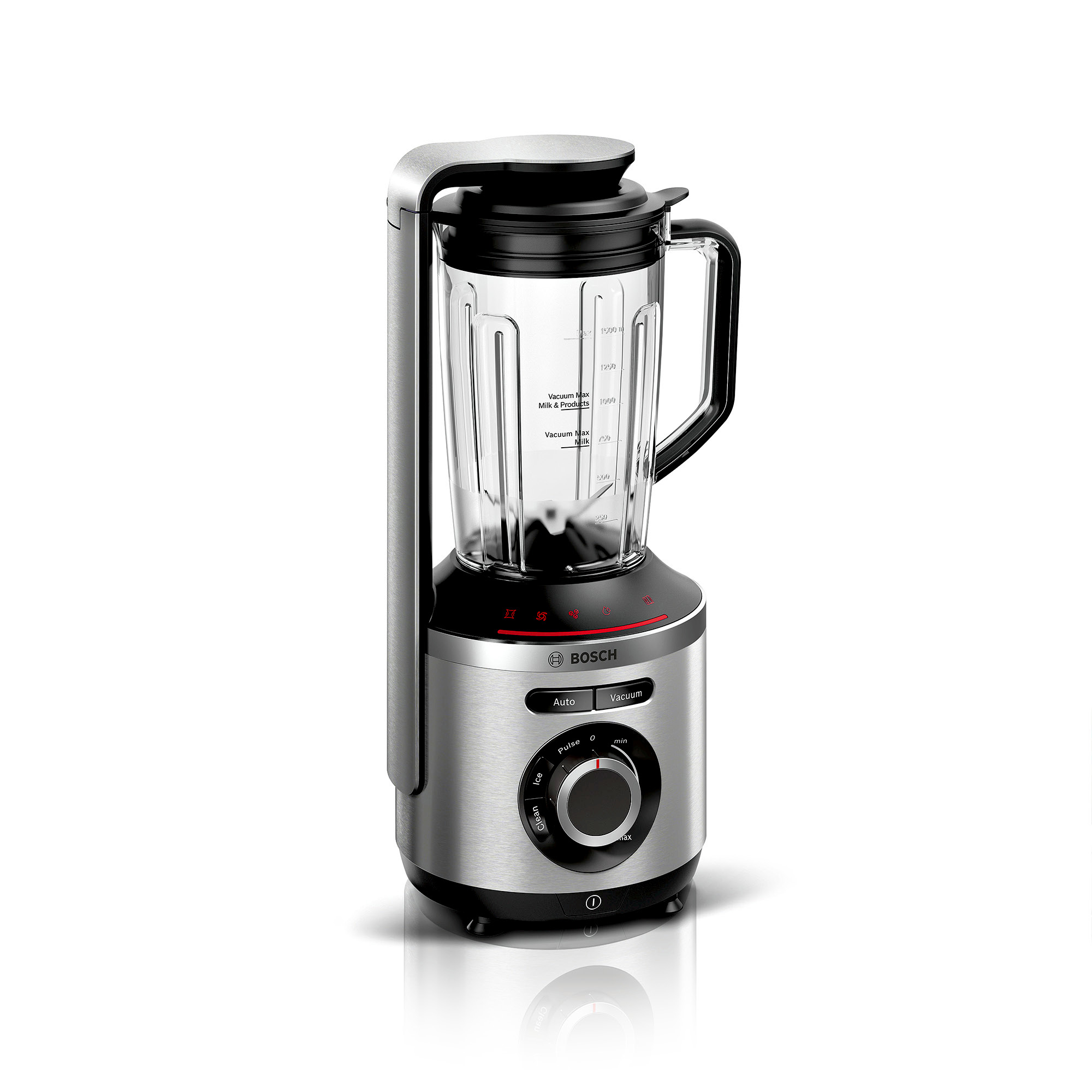 Ein Edelstahl-Bosch-Mixer mit Glaskrug. Schwarz- und Silberfarben.