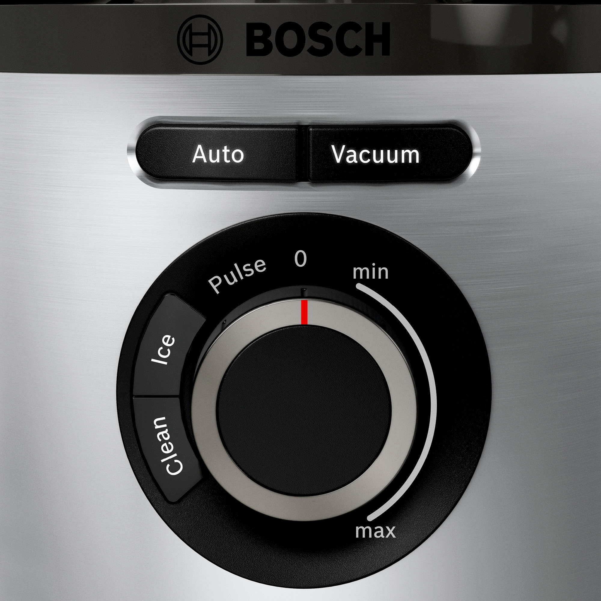 Nahaufnahme des Bedienfelds eines Bosch-Mixers. Tasten für 'Auto' und 'Vacuum', ein Drehregler mit Einstellungen.