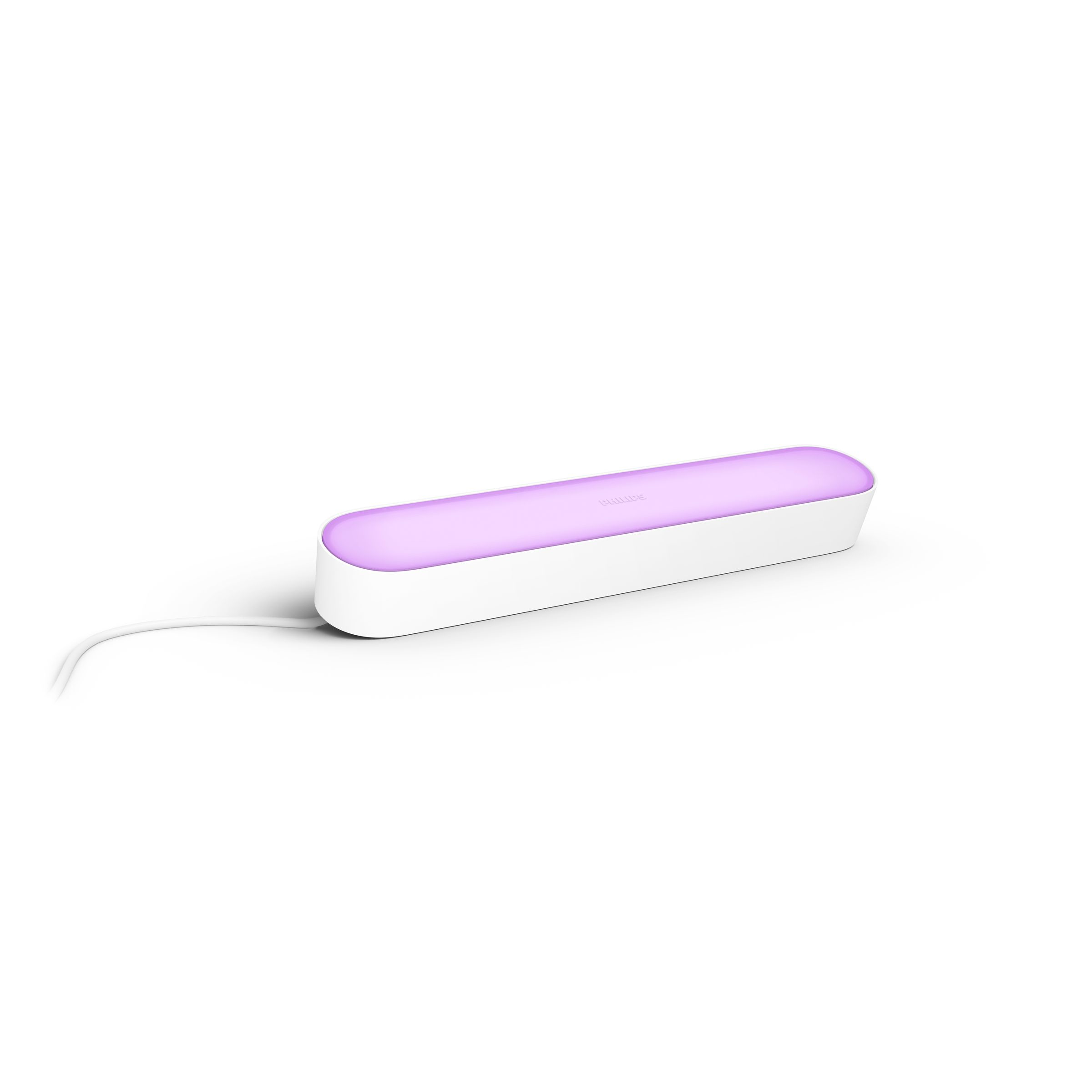 Philips Hue light bar: white base, purple light emission, on white background.