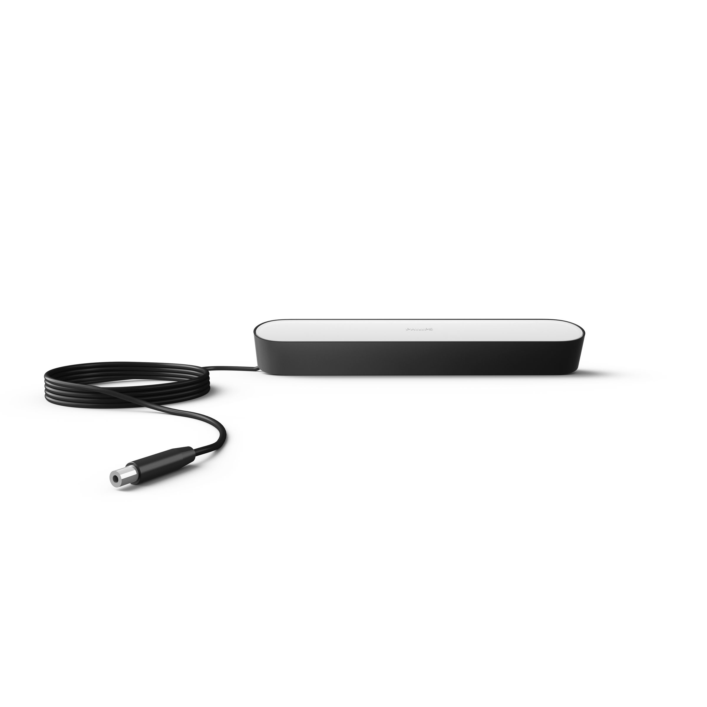 A black and white soundbar with a black cable. The soundbar is horizontal, with a sleek, minimalist design.