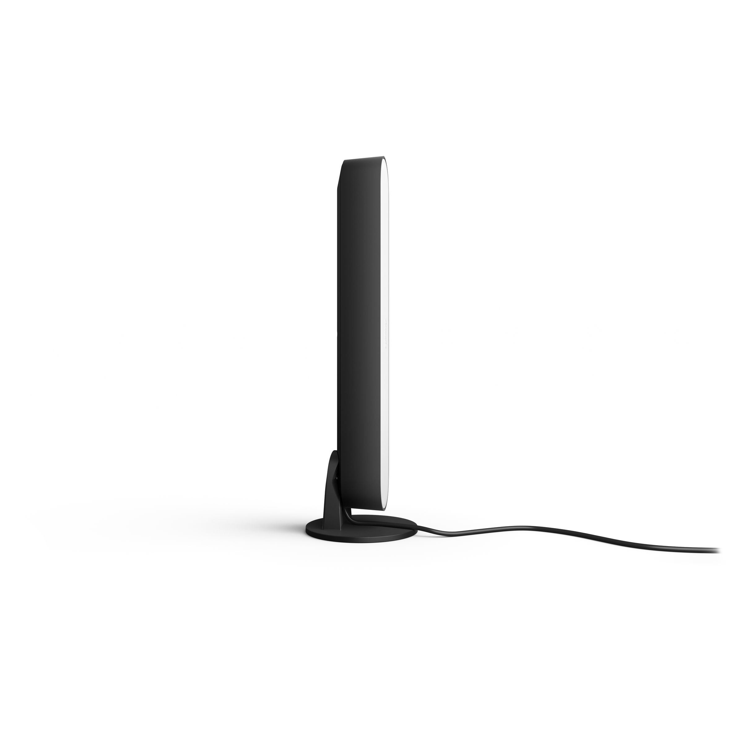 Black monitor, side view, white screen, black base, with cable. Isolated on white background.