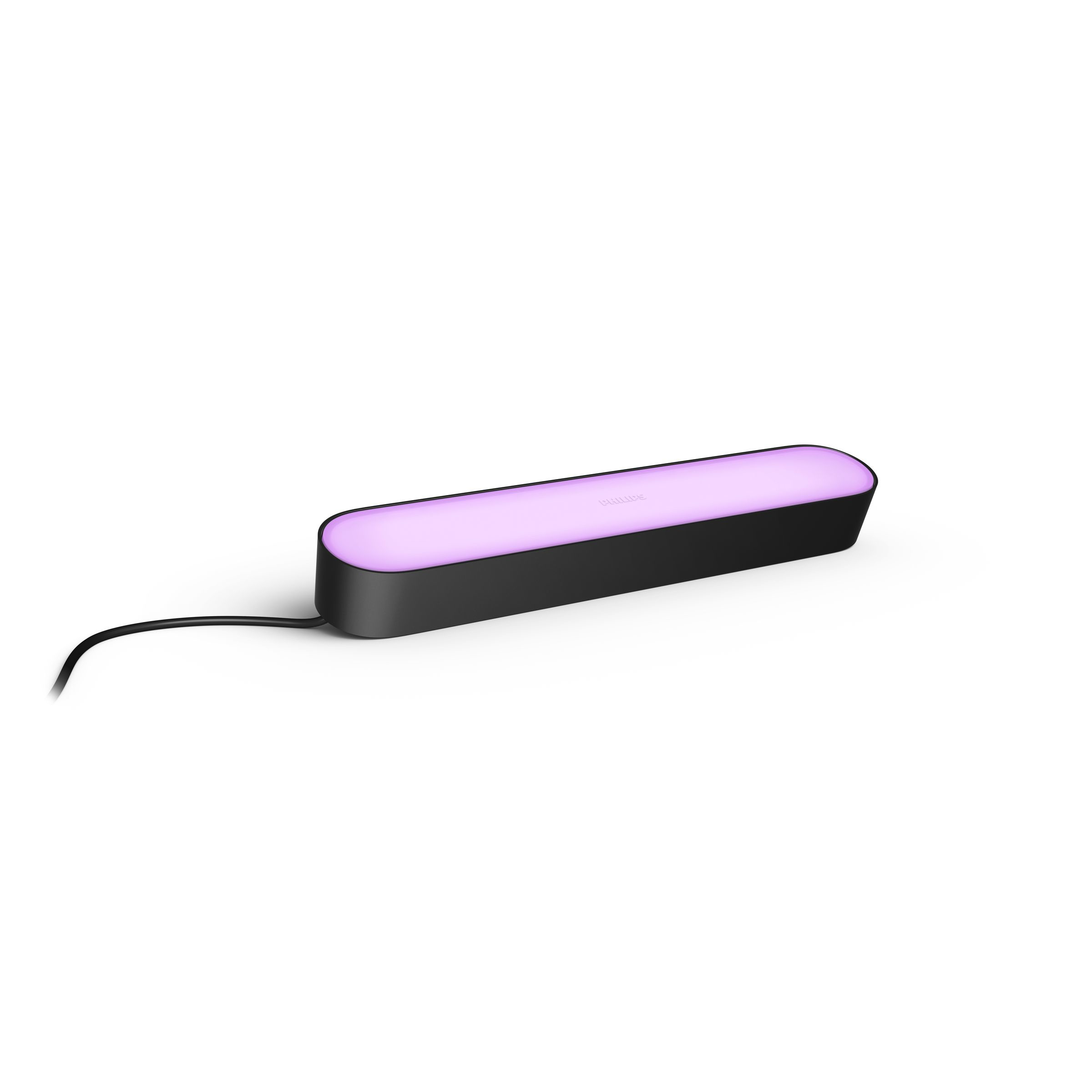 Black and purple Philips Hue light bar with a cord, on a white surface.