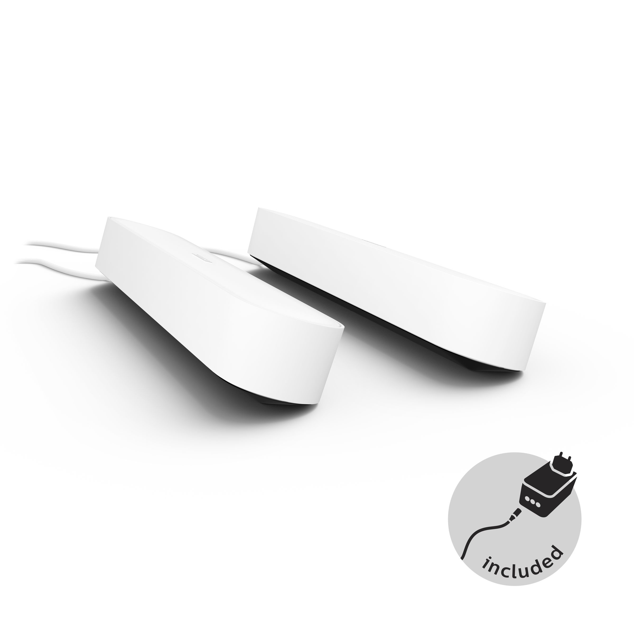 Two white, rectangular smart light bars with a charging plug icon. White background.