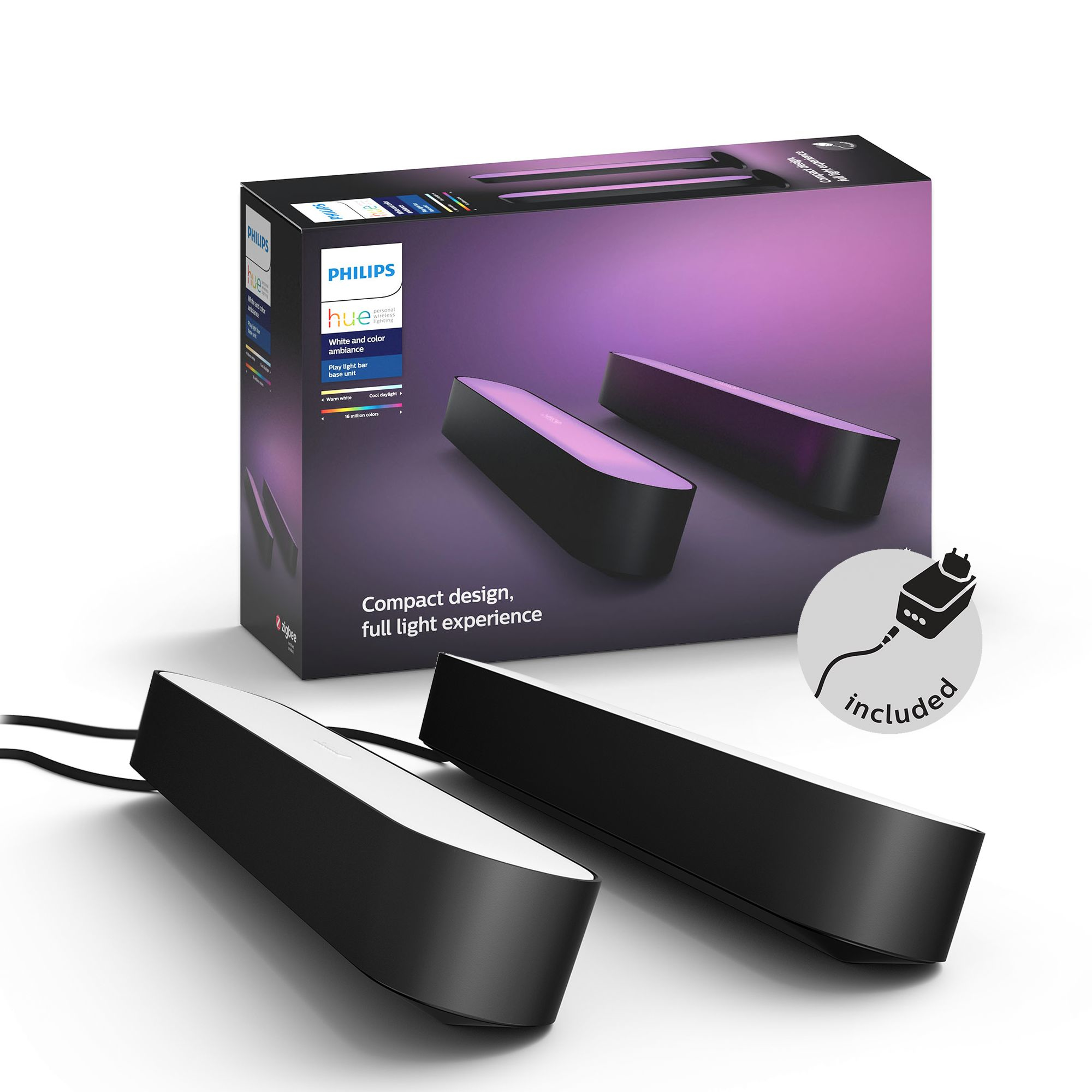 Due luci Philips Hue nere e rettangolari e una scatola con immagine di luci.