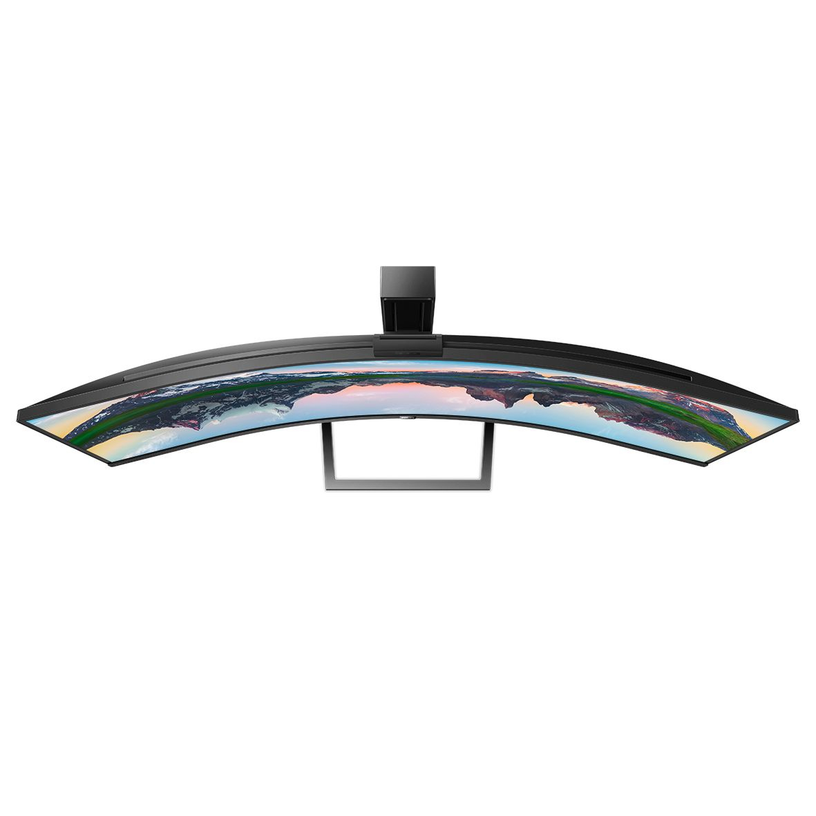 Ein gebogener Computermonitor, Draufsicht, mit einem lebendigen Bildschirm.