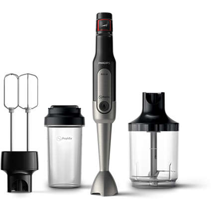 Handmixer-Set mit Aufsätzen. Schwarz-Silber-Design, weißer Hintergrund.