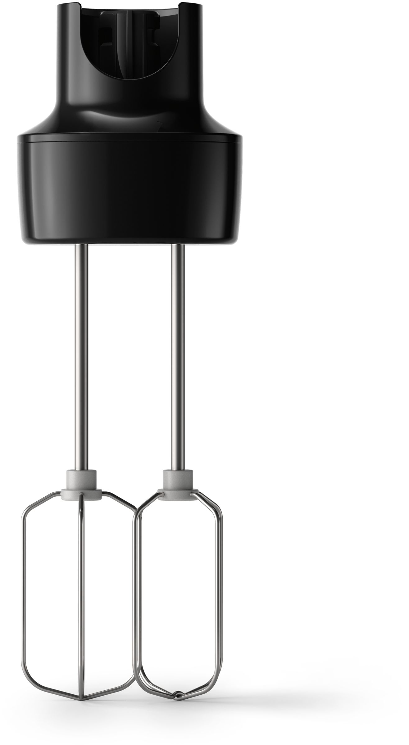 Schwarzer Stabmixer mit zwei Edelstahl-Schlägern auf weißem Hintergrund.