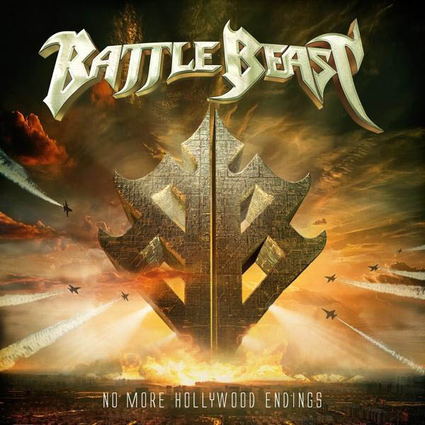 Albumcover für 'No More Hollywood Endings' von Battle Beast, mit goldener Struktur und Jets.