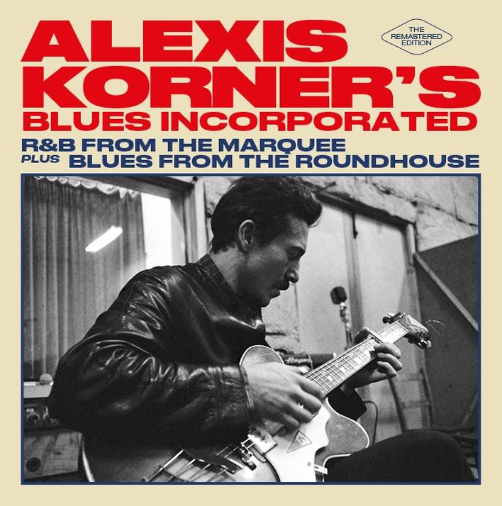 Albumcover: Alexis Korner spielt Gitarre. Roter Text, Bild des Musikers und Text. Der Hintergrund ist beige.