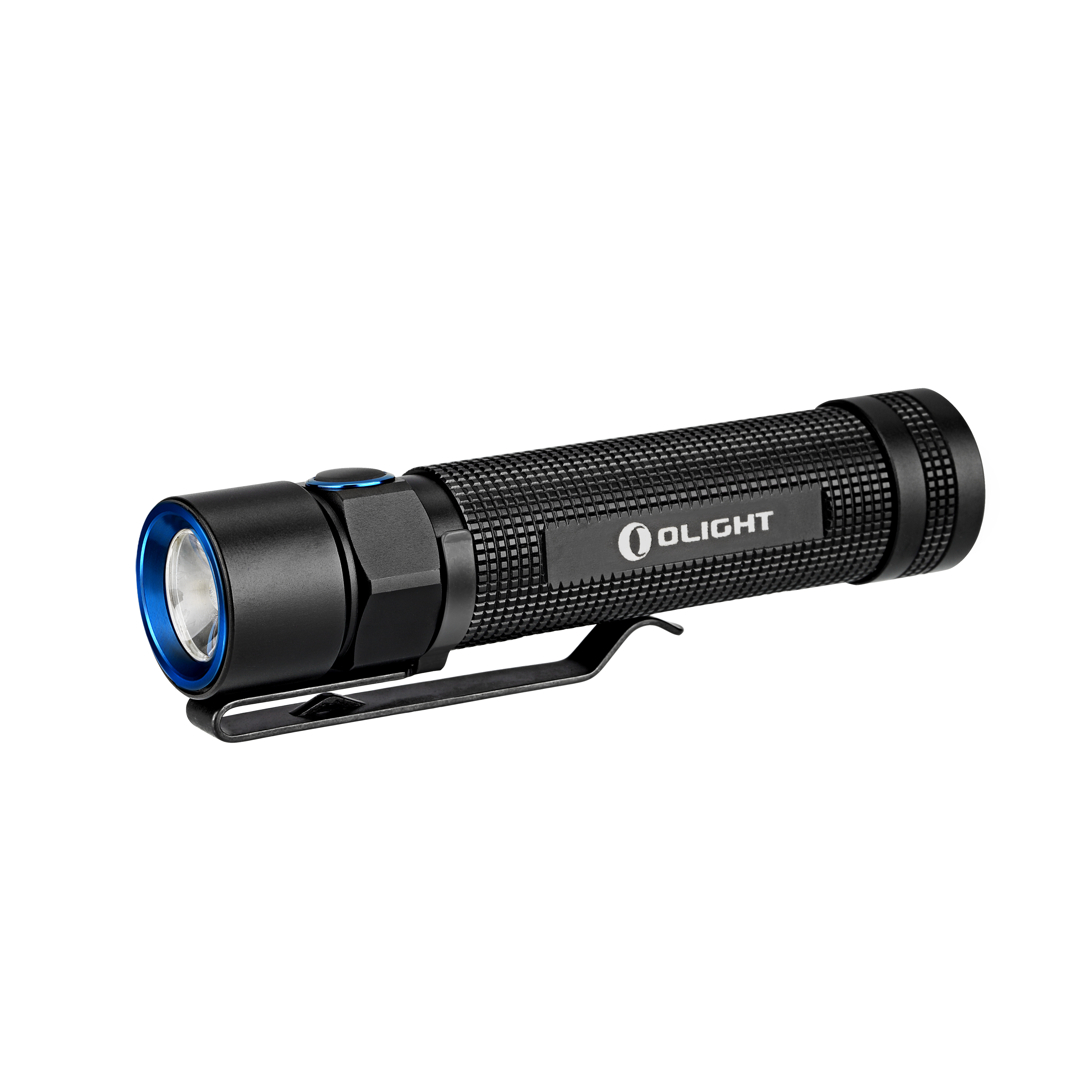 Schwarze Taschenlampe mit blauem Rand um das Licht und einem Clip.