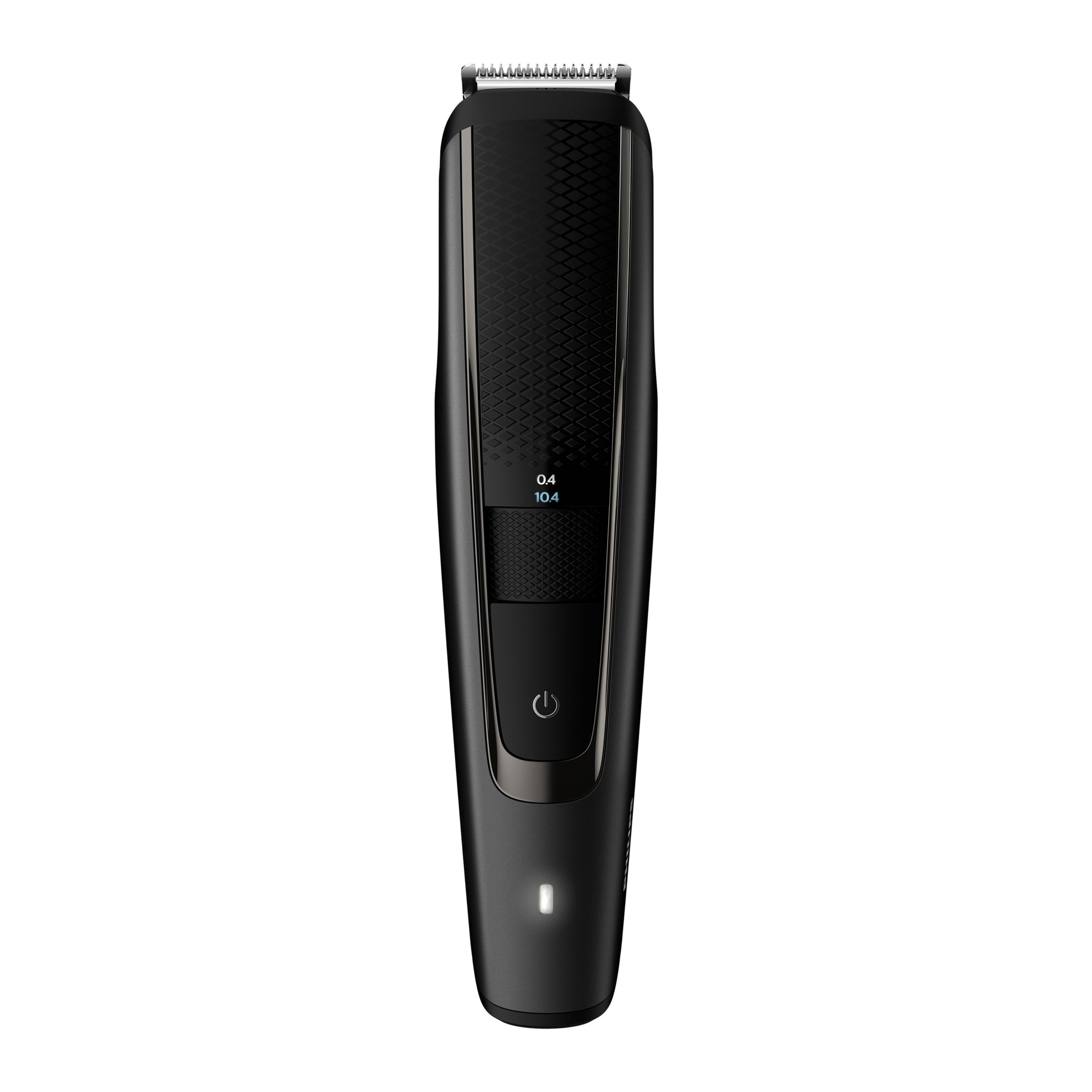 Schwarzer Philips Bartschneider. Der Trimmer hat ein digitales Display und einen Ein/Aus-Knopf.