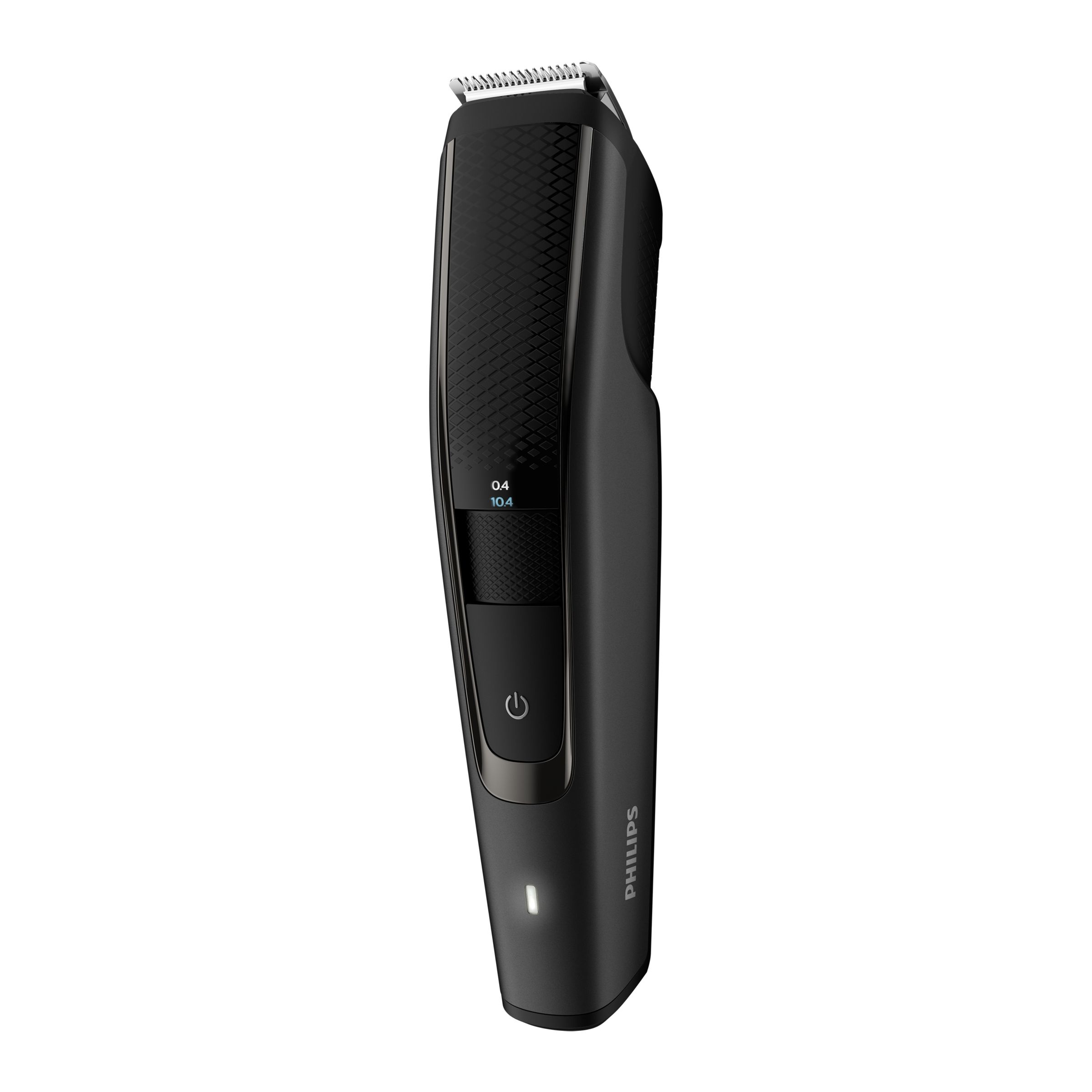 Schwarzer Bartschneider mit Digitalanzeige. Der Trimmer steht vertikal vor weißem Hintergrund.