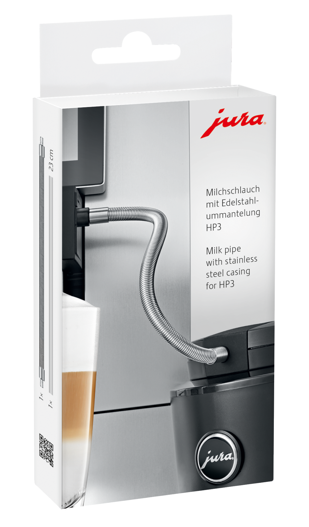 Doos met melkslang met roestvrijstalen omhulsel. Toont koffie en Jura-logo.
