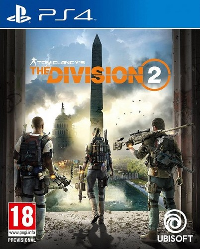 Portada del juego The Division 2: Tres figuras con armas frente a un monumento.