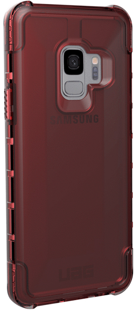 Een rode Samsung telefoonhoes met een camera-uitsparing. De hoes heeft een robuust ontwerp met de logo's van UAG en Samsung zichtbaar.