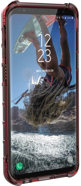 Telefoon met een watersportscène. Een persoon in het water staat ondersteboven en houdt een wakeboard vast. De behuizing is rood.