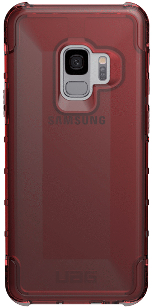 Een rode telefoonhoes met een camera en het Samsung-logo. De hoes beschermt een telefoon.