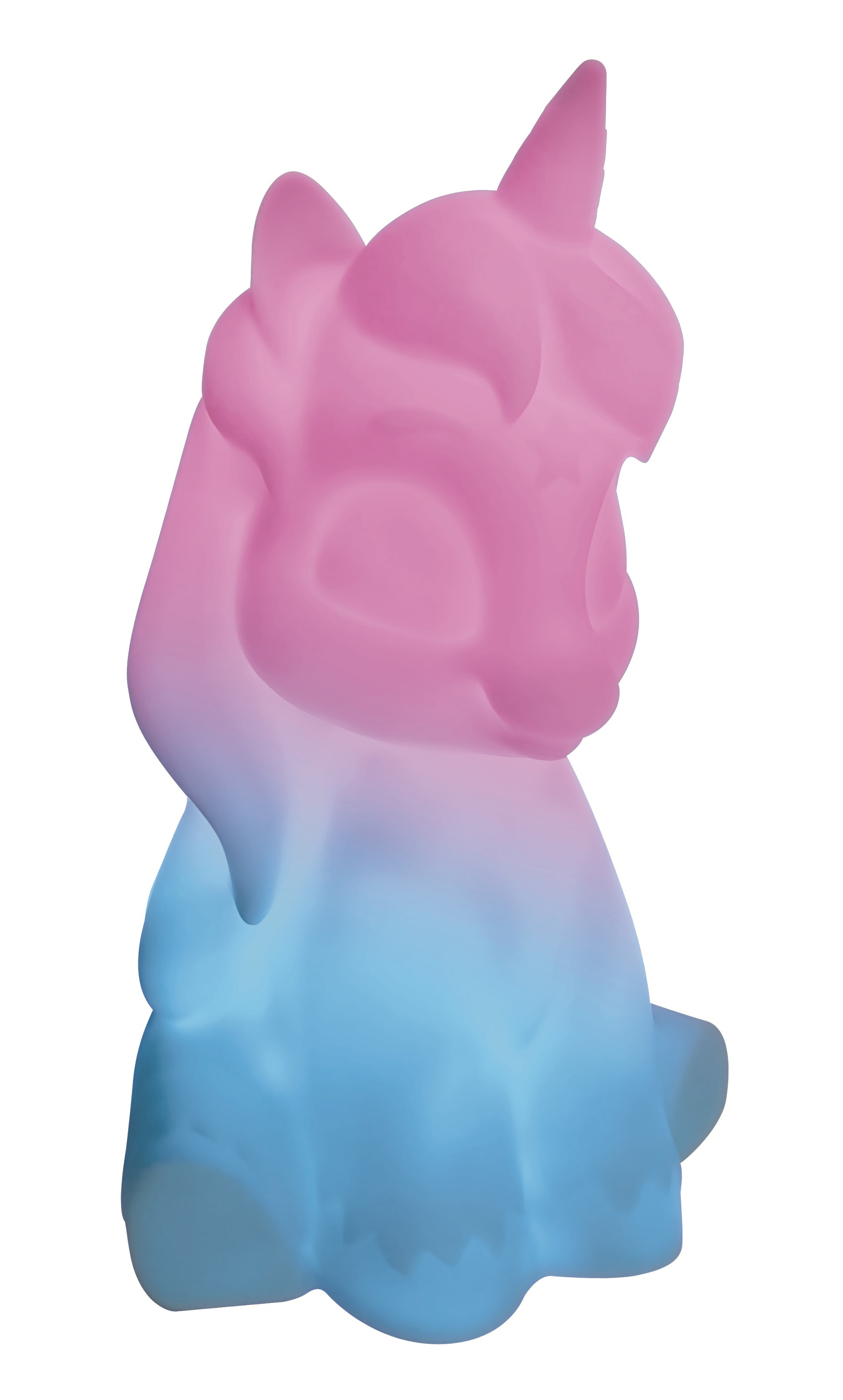 Eine pink-blaue Einhornlampe mit Leuchteffekt, vor weißem Hintergrund.
