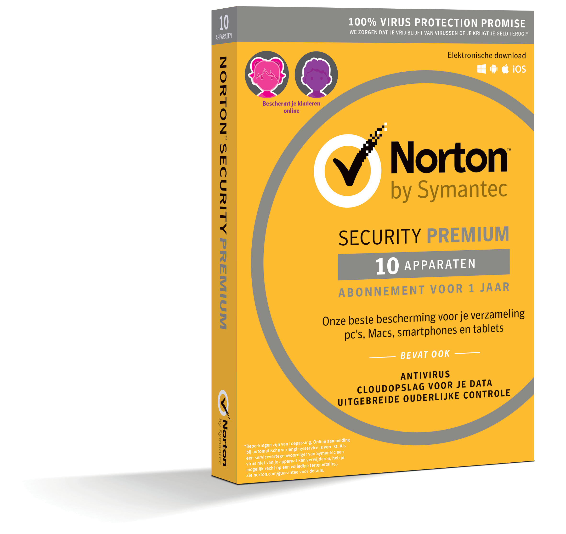 Een gele doos met Norton Security Premium software. De doos heeft een logo en tekst erop.