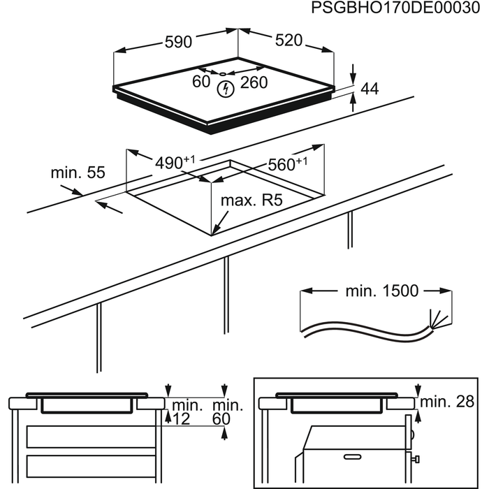 Indukciós főzőlap diagramja méretekkel, vonalakkal és szöveggel, fehér felületen.
