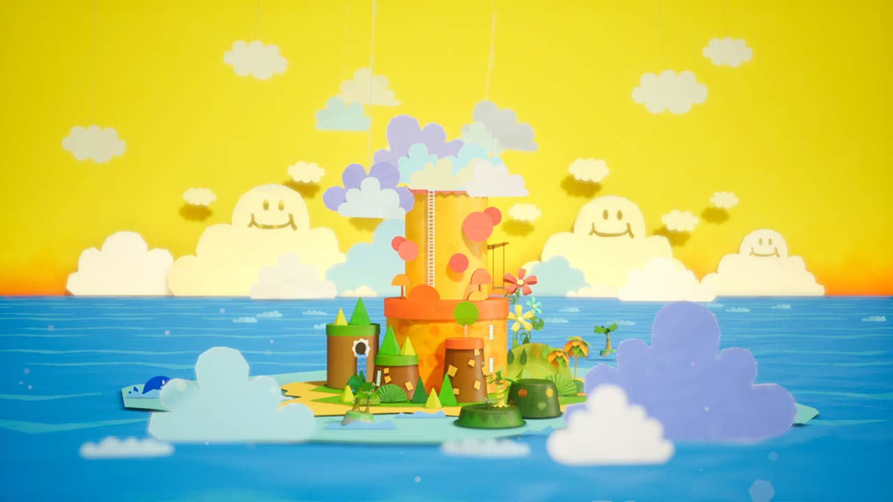 Scena di un'isola a cartoni animati, cielo giallo, acqua blu, facce di nuvole felici e un edificio colorato.