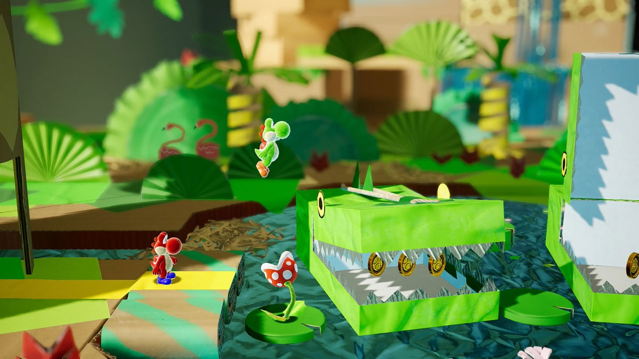 Yoshi salta sopra un alligatore verde in un mondo colorato di carta. Sfondo con ritagli di carta.