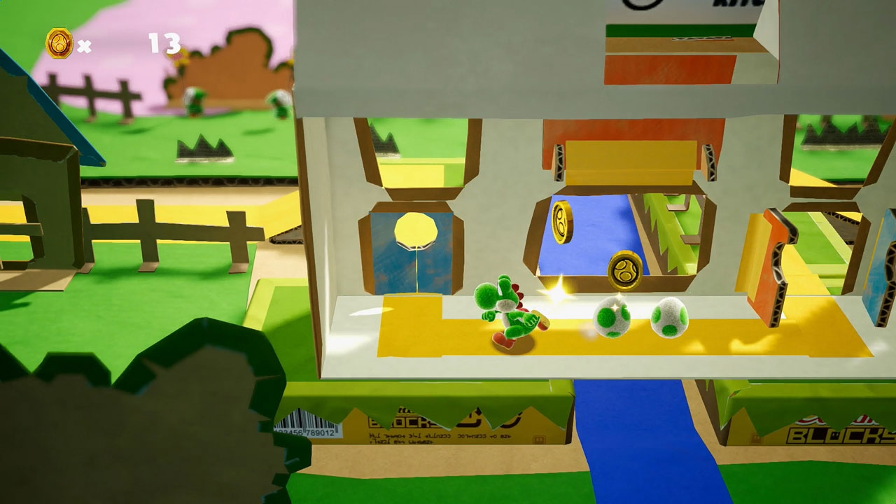 Yoshi che corre in un ambiente di carta, raccogliendo monete e uova.