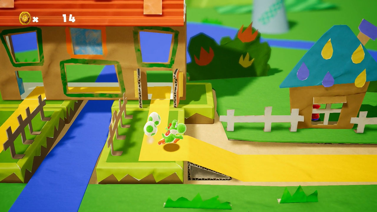 Scena dei cartoni animati: Personaggio verde Yoshi che corre verso una casa, sentiero giallo, altre case.