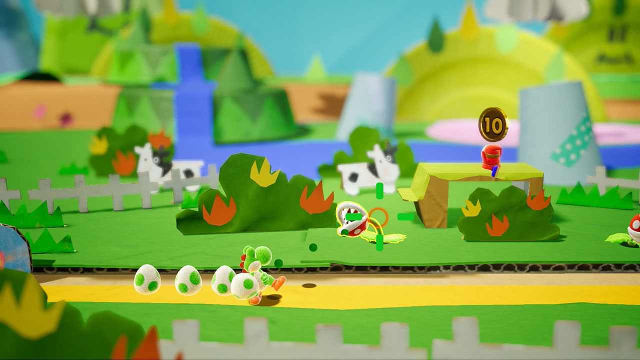 Yoshi corre su un paesaggio colorato, simile alla carta, raccogliendo uova e monete.