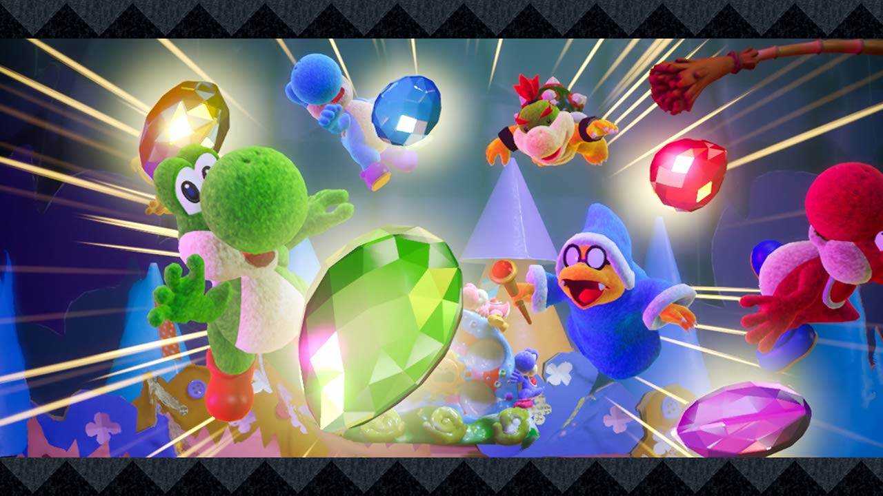 Una scena d'azione da un gioco. Yoshi, Bowser Jr. e altri sono in un ambiente colorato con gemme.